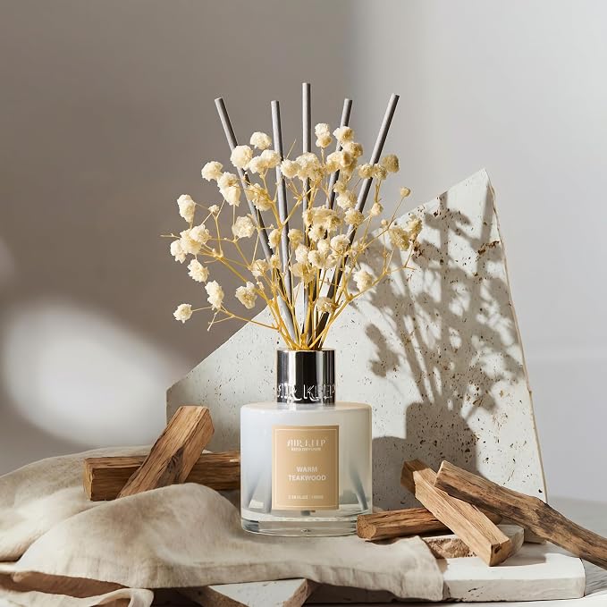 Airkeep Reed Diffuser Set,3.38 fl oz (100 ml) - Warm Teakwood Oil Diffusers with 8 Reed Sticks, Home Fragrance Reed Diffuser for Bathroom Shelf Decor