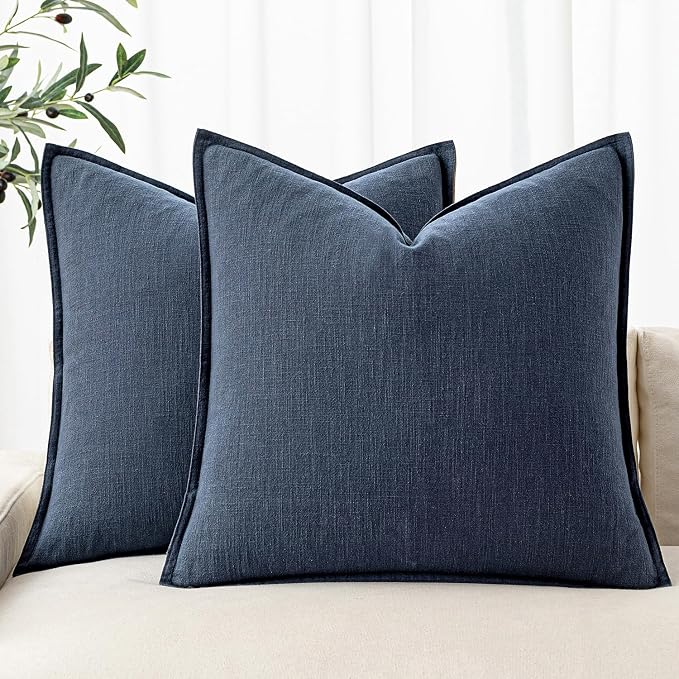 MIULEE Decorative Linen Pillow Covers 20x20 Inch Indigo Blue | Boho Farmhouse Neutral Couch Throw Pillows for Bed, Pack of 2 Accent Coastal Modern Pillowcases, Sofa Livingroom Home Decor