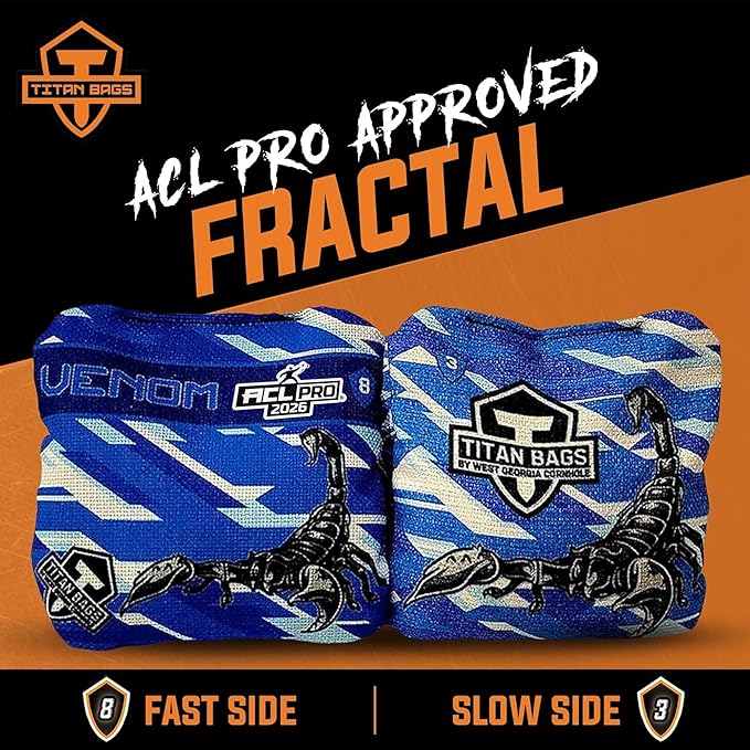 Titan Bags Venom Cornhole Bags - 6" x 6" ACL PRO Approved Cornhole Bean Bags for Tournaments - Versatile & Durable Regulation Cornhole Bags Ideal for Indoor/Outdoor Toss Sports & Games (4 Pack)