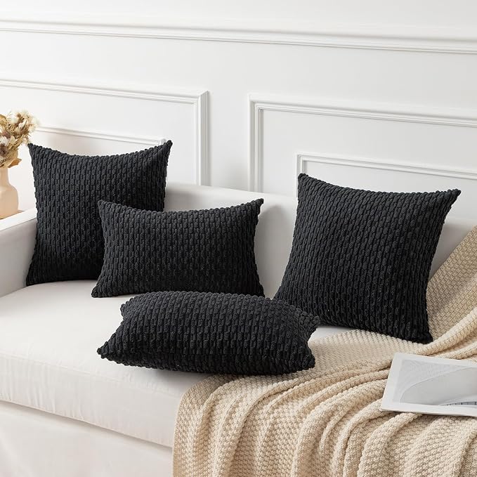 Kevin Textile Soft Corduroy 12"x24" Lumbar Pillow Cover 1 Pack, Black | Boho Stripe Plush Corduroy Decorative Oblong Cushion Cover Modern Farmhouse Home Decor for Sofa Couch Bed Chair