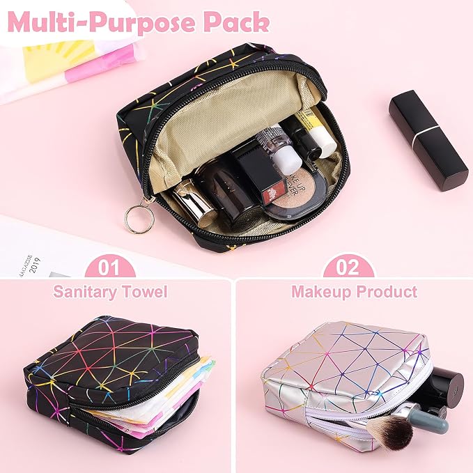 Sanitary Napkin Storage Bag, Menstrual Cup Pouch Nursing Pad Holder Tampon Bags Feminine Product Pouches Portable Period Kit Bag for Girls Women Ladies 2 Pack (Dazzling Black/Silver)