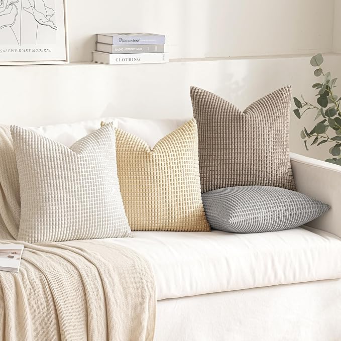 MIULEE Neutral Harmony Decorative Pillow Covers 18x18 Inch Set of 4 | Rustic Farmhouse Boho Soft Throw Pillows, Corduroy Couch Pillowcases, Nordic Home Decor for Sofa Living Room Bed