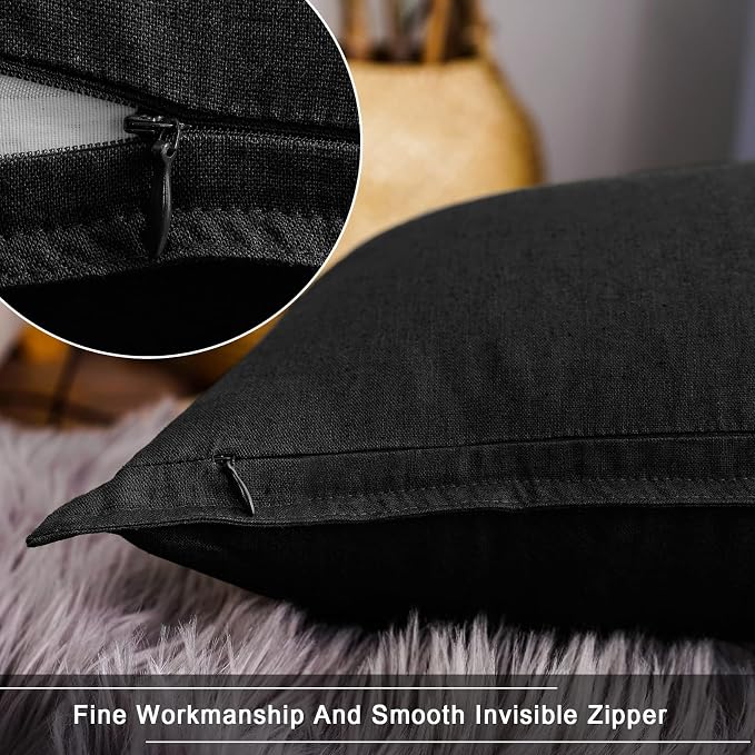 Jeanerlor 24" x 24" Natural Cotton Linen Soft Soild Decorative Square Throw Pillow Covers Green Set Cushion Case for Sofa Bedroom Car 60 x 60cm, Black