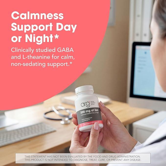 Allergy Research Group ARG 200 mg of Zen - Supports Calm and Stress Balance - Delivers 200 mg L-Theanine & 550 mg GABA per Serving - Vegetarian & Hypoallergenic - 30 Servings - 60 Capsules