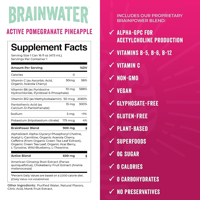 BrainJuice BrainWater Calm, Water for Clean Energy, Focus & Relaxation Support, Gluten Free, Zero Sugar Drinks with Ashwagandha, Alpha GPC, Vitamin C & B, Organic Green Tea, 8 Pack (Pomegranate Pineapple)