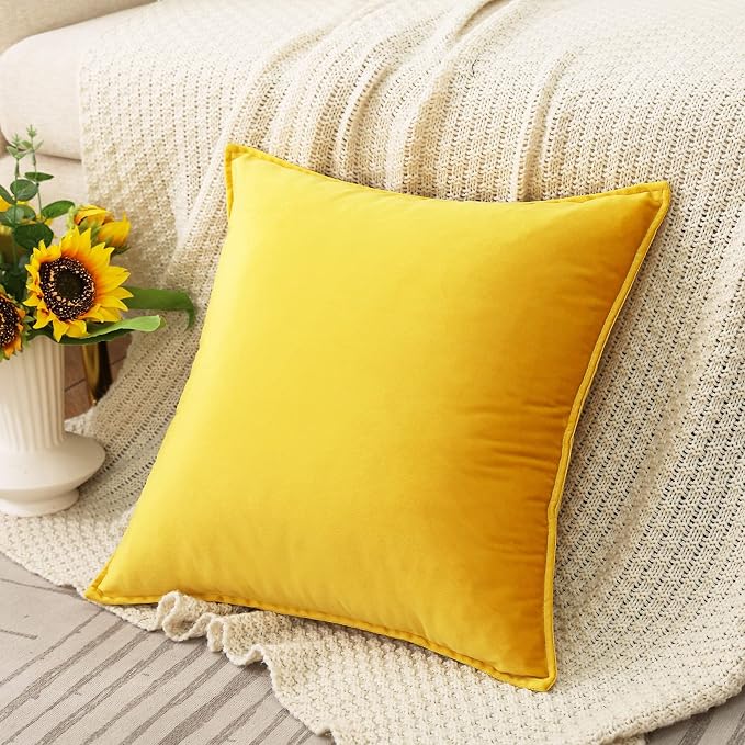 Velvet Yellow Throw Pillow Covers 24”x24”Pack of 2 Soft Decorative | Square Cushion Covers for Couch Sofa Bed Livingroom Car Home Decor,60x60Cm