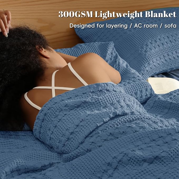 PHF 100% Cotton Waffle Weave Blanket King Size, Lightweight Breathable Summer Blanket for Hot Sleepers, Pre-Washed Soft Layer for Bed, Couch, Home Decor Gift, 108"x90", Denim Blue