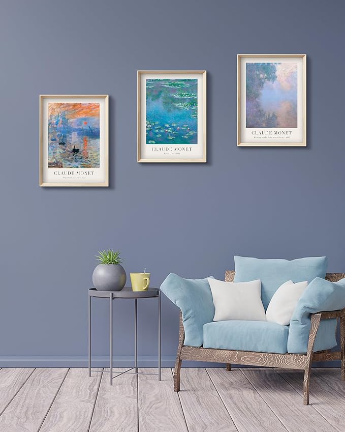 HesenDot Framed Claude Monet Water Lilies Canvas Wall Art Set of 3 12x16in | Vintage Impressionist Botanical Painting, High Framed Design Prints, Classic Wall Decor for Living Room Bedroom Bathroom