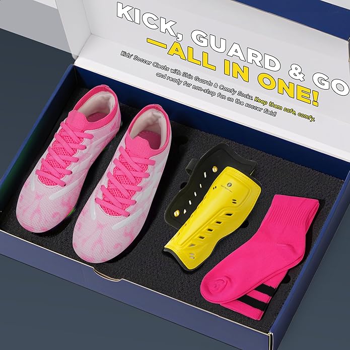 brooman Kids Firm Ground Soccer Cleats Boys Girls Football Shoes with Shin Guards and Soccer Socks