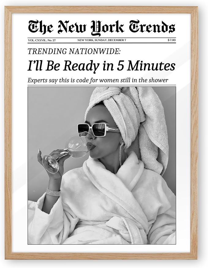 EcoHest 16x20 in I'll Be Ready in 5 Minutes Newspaper Framed Wall Art | Solid Oak Wood Frame with Canvas Wall Art, Feminist Newspaper Wall Decor for Bathroom, Bedroom, Apartment, Dorm Room, 1Pack