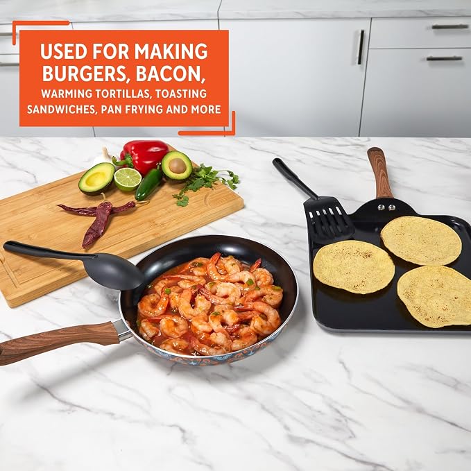 IMUSA Talavera Aluminum Black Ceramic Value Fry Pan & Square Griddle Set | Mexican design, Perfect for daily cooking