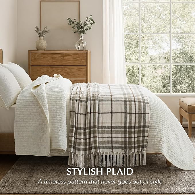 Plaid Chenille Knit Throw Blanket for Couch, 60"x80", Beige | Super Soft Knitted Throw with Tassels, Cozy, Decorative Farmhouse Plaid, Lightweight, Ideal for Bed Sofa Gift Home Decor