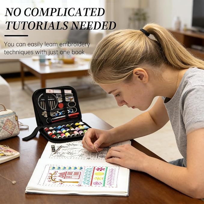 IKKAB Embroidery Stitch Book Kit for Beginners, 106-Pattern Embroiderys Practice Books with 86-Piece Stitching Kit, Portable Embroidery Sampler Book & Sewing Tool Set