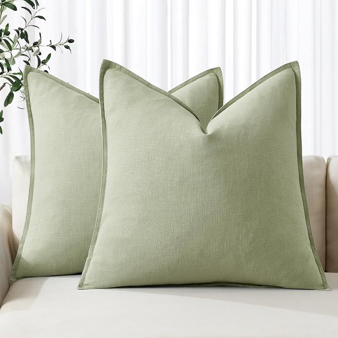 MIULEE Decorative Linen Euro Sham Pillow Covers 26x26 Light Green | Boho Farmhouse Neutral Couch Throw Pillows for Bed, Pack of 2 Accent Modern Pillowcases, Sofa Livingroom Home Decor
