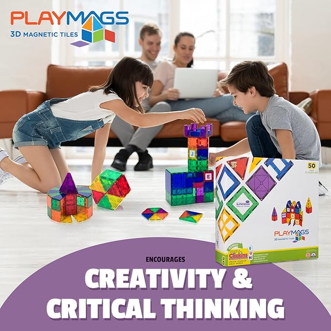 Playmags Magnetic Tiles Building Set 56 Pcs Set with Car - Super Durable Magnet Blocks, STEM Development Kids Building Toys for Boys Girls & Toddlers