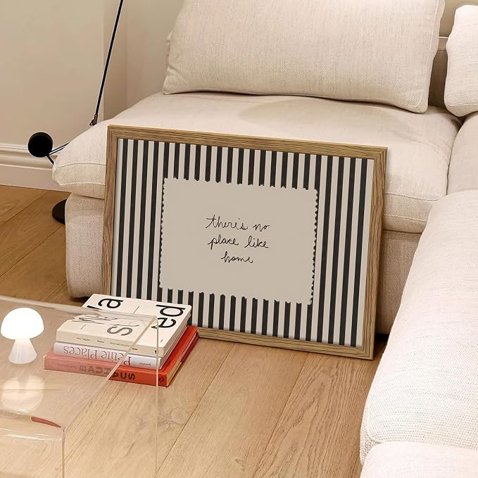 Framed Vintage Inspirational Wall Art, Minimalist There is No Place Like Home Canvas Wall Decor Painting, Black and White Striped Quote Poster Print Picture for Living Room Bedroom 16x24 Inch