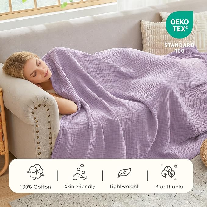 EMME Muslin Blankets for Adults Throw Blanket for Couch Breathable Gauze Soft Lightweight Airy Lavender Throw XL 50" x 71"