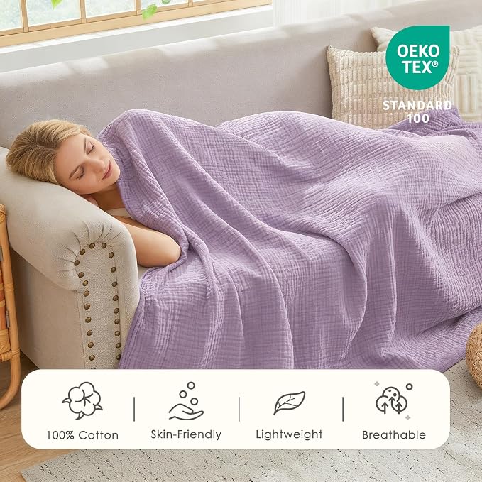 EMME Muslin Blankets for Adults Throw Blanket for Couch Breathable Gauze Soft Lightweight Airy Lavender King 108" x 90"