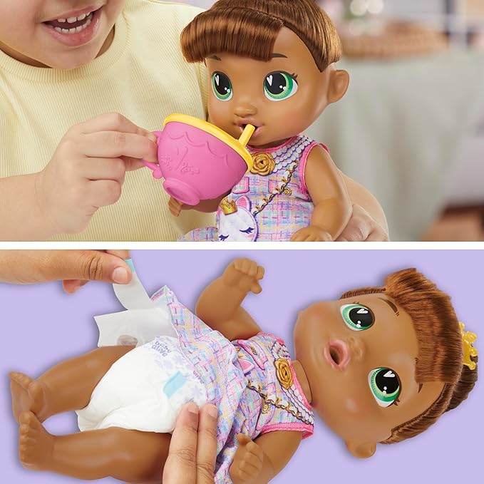Baby Alive Bubbly Tea Party Sophia Sparkle Doll with Teapot Accessories, Brown Hair, 11 Inches, Toys for 3 Year Old Girls and Boys & Up