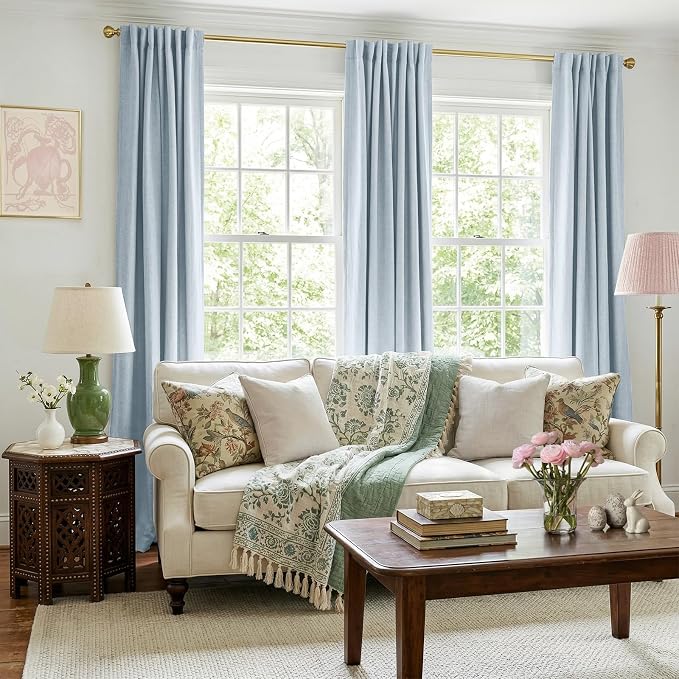 100% Blackout Shield Chambray Blue Linen Blackout Curtains for Bedroom 90 Inches Long, Back Tab/Rod Pocket Living Room Drapes, Thermal Insulated Blackout Curtains 2 Panels Set, 50" W x 90" L