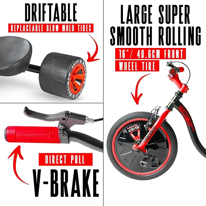 Drift Trike for Kids Ages 5+ – 16" Front Wheel Ride-On with Adjustable Seat, Steel Frame, Rear Slick Drift Wheels & Safety Flag – Madd Gear - (Black Red)