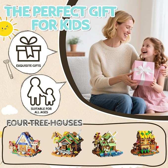 4 Styles Forest Flowers Wood Frame Cabin Mini Micro Building Blocks Set - Exquisite Cottage Construction Toys, Fun DIY Project for Adults & Kids, Premium Gift for Block Enthusiasts