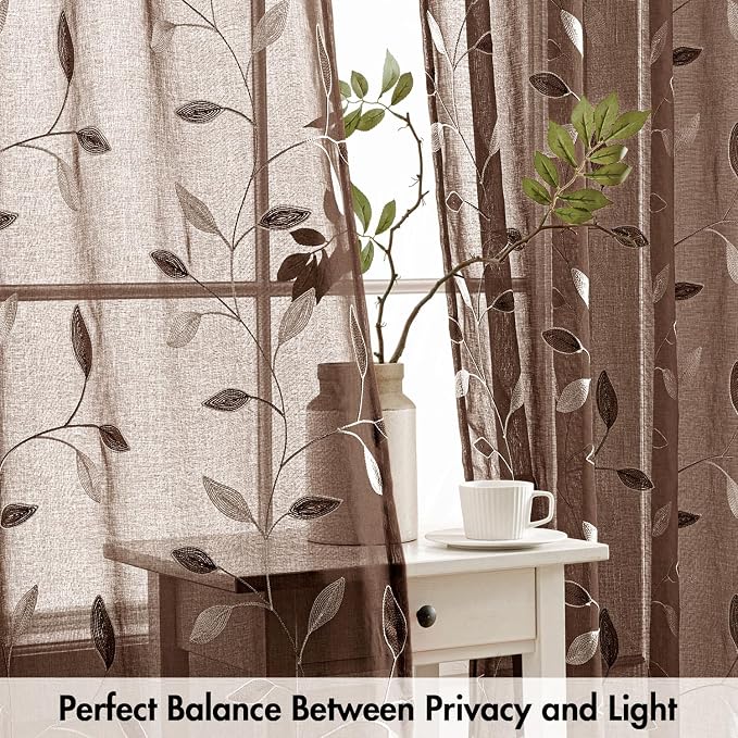 MIULEE Chocolate Brown Sheer Curtains 2 Panels Embroidered Leaf Patterned Rod Pocket Floral Semi Sheer Faux Linen Window Curtains Drapes Set for Living Room Bedroom Dining Room, 52x63 Inches Long