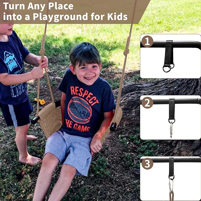 Hi-Na Tree Swing for Kids, Adjustable Toddler Rope Swing Seat with Snap Hooks and Straps, 440 lbs Capacity, Swingset Accessories for Indoor Porch Doorway Outdoor Playground Backyard (Khaki)