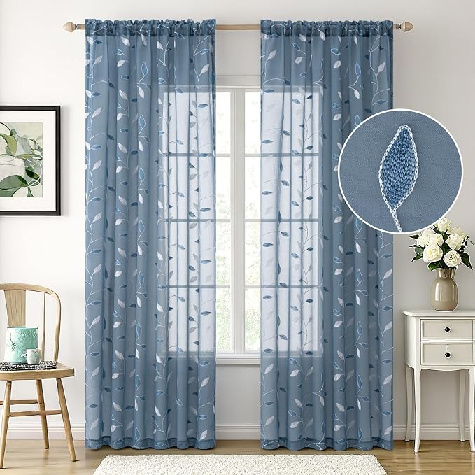 MIULEE Stone Blue Sheer Curtains 2 Panels Embroidered Leaf Patterned Rod Pocket Floral Semi Sheer Faux Linen Window Curtains Drapes Set for Living Room Bedroom Dining Room, 52x84 Inches Long