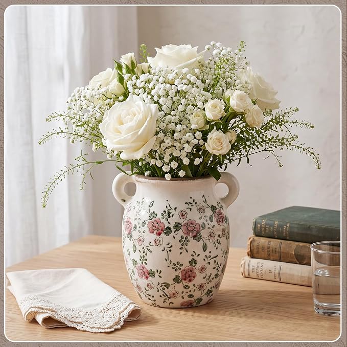LemonRoad Vintage Planter Large Ceramic Plants Pot Beige Chinoiserie Floral Cottage Scroll Vase Flower Pot Indoor Home Farmhouse Kitchen Antique Decorative Gifts(Red Plum Blossom,7.7 Inch)