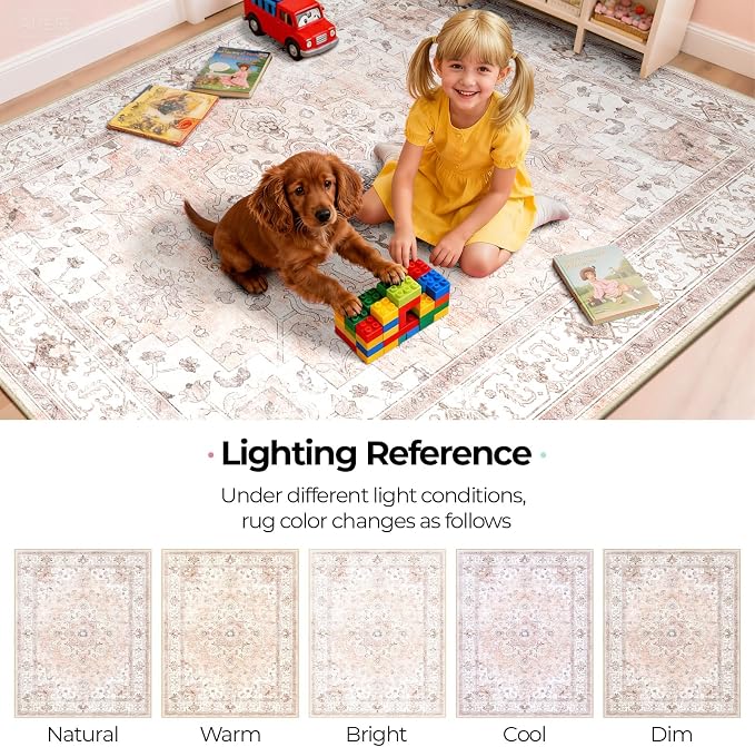CAPALOCA 7x9 Washable Nursery Girls Low Pile Area Rug Pink | Non-Slip Soft Rugs for Bedroom Kids Playroom Living Room, Print Pattern Water Repellent Carpet Indoor Decor
