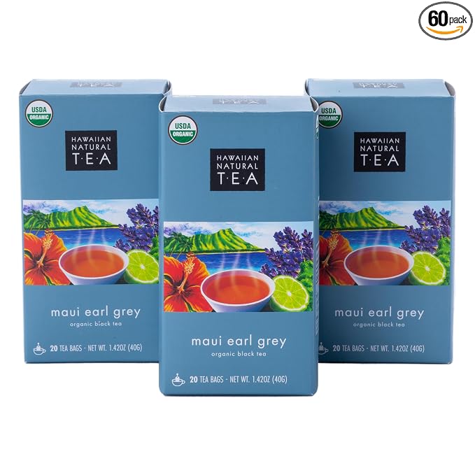 Hawaiian Natural Tea Organic Maui Lavender Earl Grey Tea Bags - Premium Black Tea - Antioxidant Rich - 60 Tea Bags