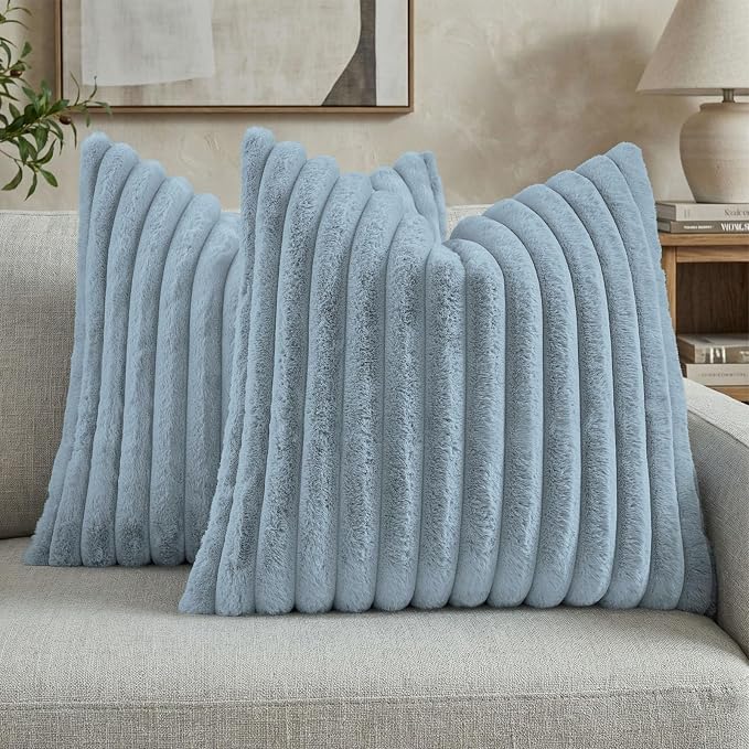 FUTEI Pack of 2 Faux Fur Throw Pillow Covers 24x24 Inch, Dusty Blue | Fluffy Faux Rabbit Fur Front/Premium Velvet Back,Hidden Zipper,Machine Washable,Non-Shedding,Colorfast,Insert Not Included.