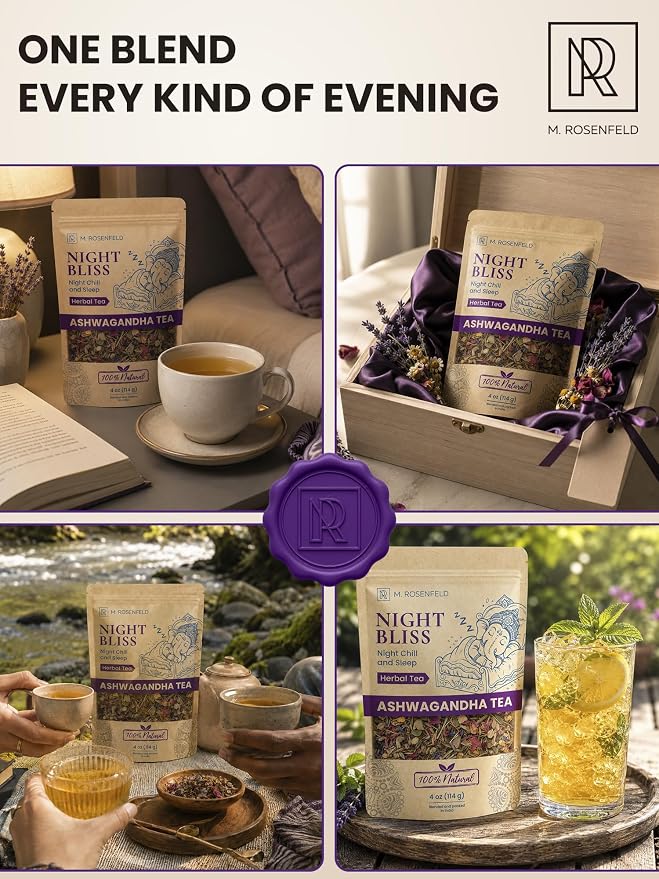 Night Bliss Tulsi Ashwagandha Tea Loose Leaf - Evening Ritual Herbal Blend for Sleep Support & Relaxation - Caffeine Free with Holy Basil, Chamomile, Lemongrass & Lavender, 4 oz