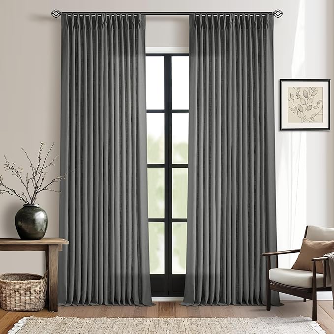 Charcoal Grey Pinch Pleated Linen Sheer Curtains 90 Inches Long 2 Panels | for Living Room Bedroom, Light Filtering, Pinch Pleat with Hooks Rings Back Tab, Dark Grey Modern Farmhouse, Memory Shape