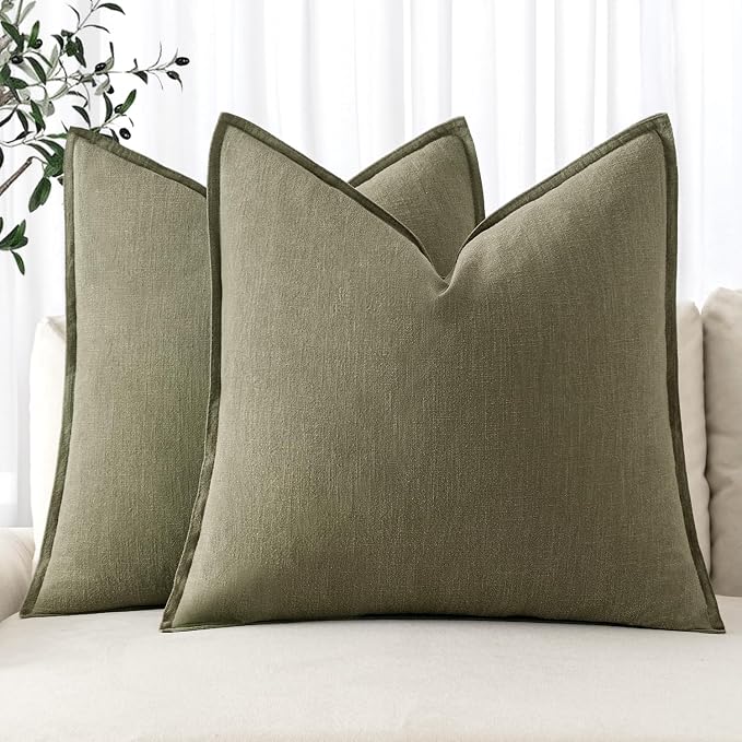 MIULEE Decorative Linen Pillow Covers 16x16 Inch Light Olive Green | Boho Farmhouse Neutral Couch Throw Pillows for Bed, Pack of 2 Accent Modern Pillowcases, Sofa Livingroom Home Decor