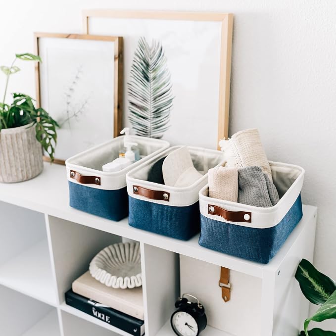 OrganiHaus 12x8in Canvas Storage Baskets, 3 Pack - Fabric Bins for Shelves | Vegan leather handles; a decorative pantry and office organizer, container for desk and books