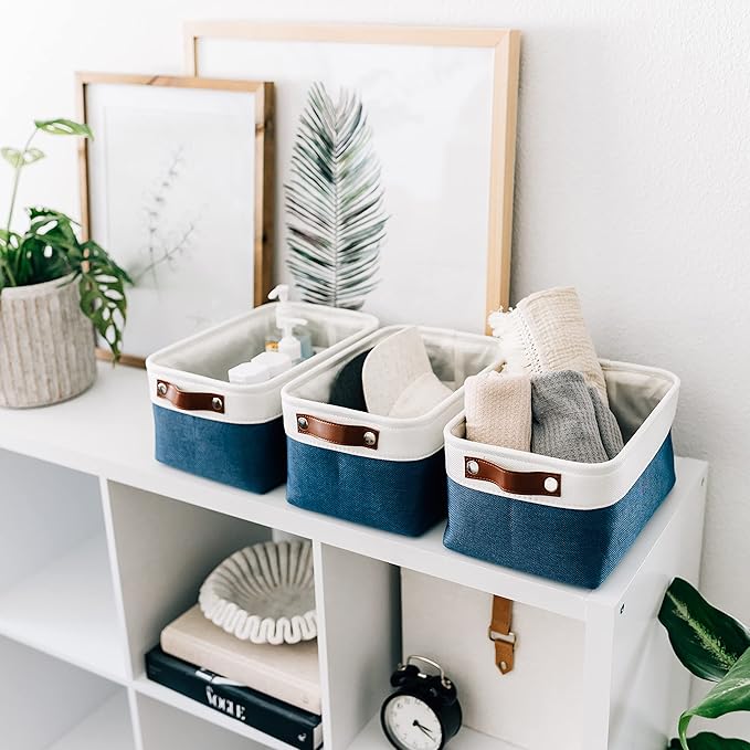 OrganiHaus 12x8in Canvas Storage Baskets, 6 Pack - Fabric Bins for Shelves | Vegan leather handles; a decorative pantry and office organizer, container for desk and books