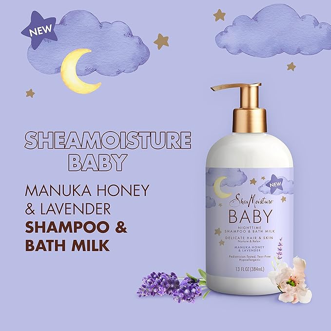 Shea Moisture Baby Shampoo & Bath Milk Manuka Honey & Lavender for Delicate Hair and Skin Nighttime Skin and Hair Care Regimen 13 oz (Pack of 4)