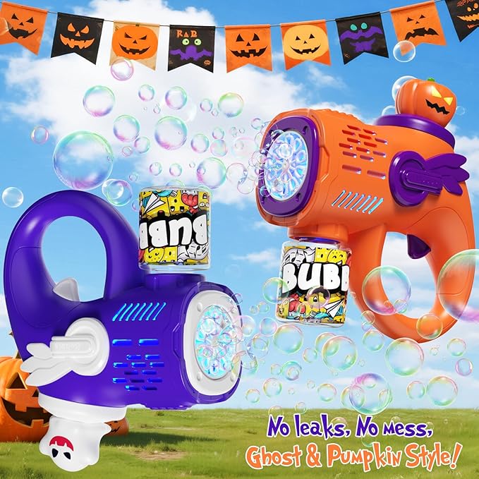 2 Halloween Bubble Gun Toys - Light-Up Bubble Machine for Kids Toddlers with 10 Refill Packs Ghost & Pumpkin, Fun Fall Gifts Party Favors Boo Basket Stuffers for Boys Girls 3 4 5 6 7 8 9 + Year Old