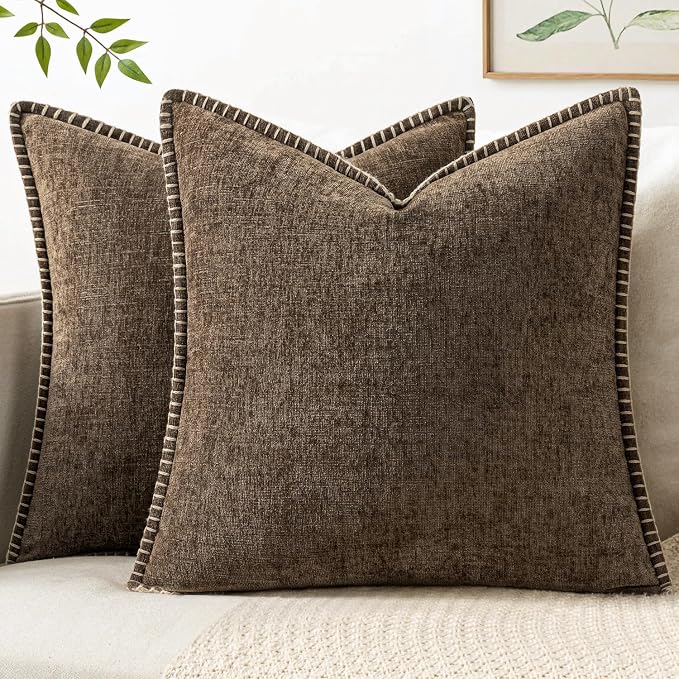 MIULEE Decorative Couch Throw Pillow Covers 18x18 Inch Brown 2 Pack | Farmhouse Pillow Covers with Stitched Edge, Soft Chenille Cushion Cases, for Sofa Bed Living Room Home Decor
