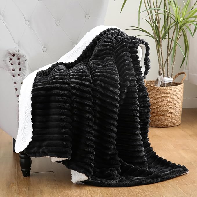 Black Sherpa Fleece Throw Blanket 60”×80” for Couch Sofa Bed | Double Side Soft Fuzzy Cozy Plush Thick Flannel Blanket with Striped Design Gift for Adults,Woman