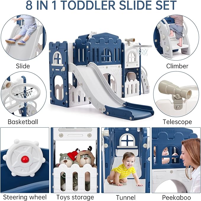 Toddler Slide 8 in 1 Toddler Playset for Toddlers Age 1-3, Baby Playset for Indoor Outdoor Playground with Climber, Crawling Tunnel, Basketball Hoop, Telescope, Toy Storage