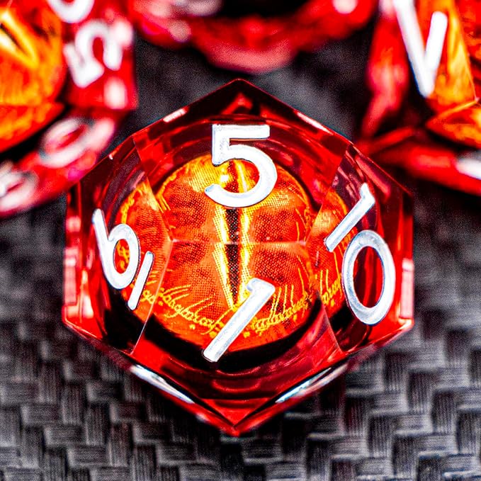 ARUOHHA DND Resin Dice Gazes Eye Dice Silver Red Liquid Core Flaming RPG Sharp Edged Dice Set with Gift Box, Polyhedral D and D Dice Set Compatible with Dungeons Dragons Role Playing Game D20 D6