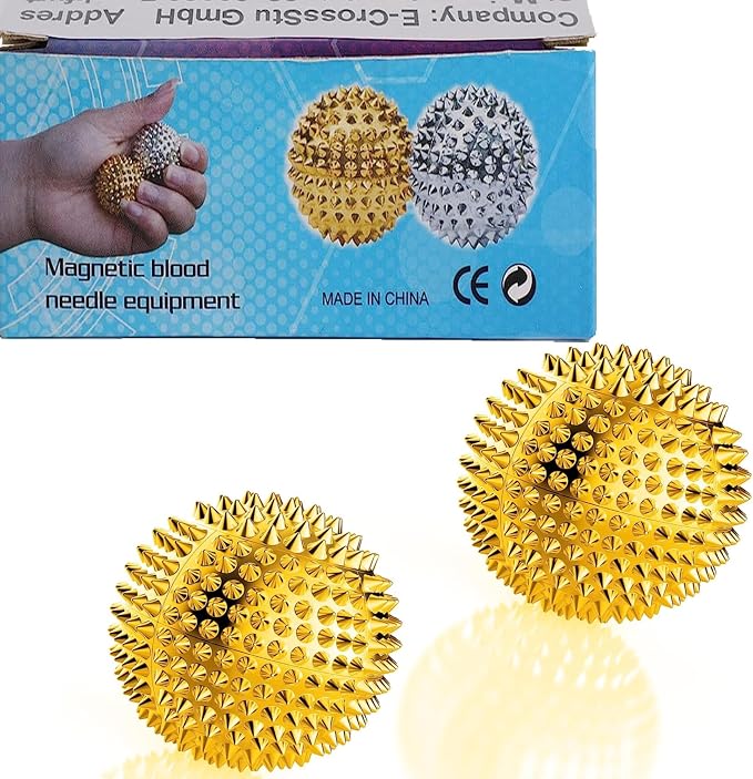 Spiky Massage Ball, Magnetic Balls, Hand Massage Ball Gold Ball 1 Pair, Hand Acupuncture Ball Massage for Adult and Kid, Hand Exercise Squeeze Balls for Pain Pressure and Stress Relief
