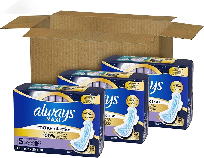 Always Maxi Overnight Pads with Wings, Size 5, Extra Heavy Overnight, Unscented, 72 Count