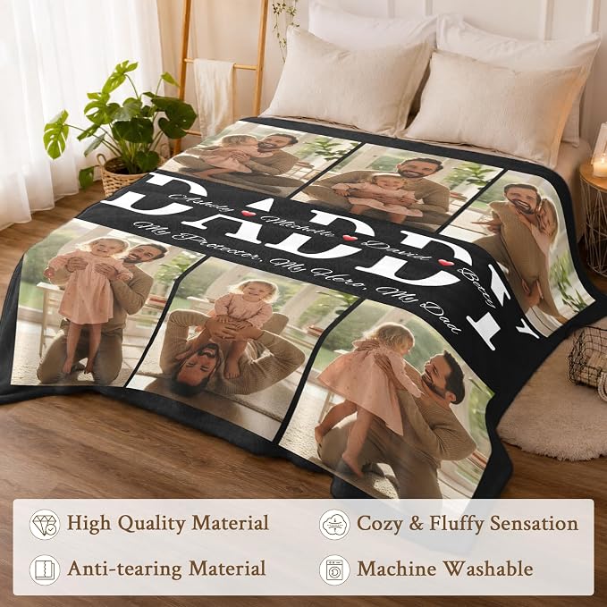 Fathers Day Birthday Gift for Dad Custom Blanket with 6 Photo & Text, Personalized Blankets with Picture to My Dad, HD Printing Customized Flannel Throw Blanket Gifts for Best Daddy Grandpa Ever