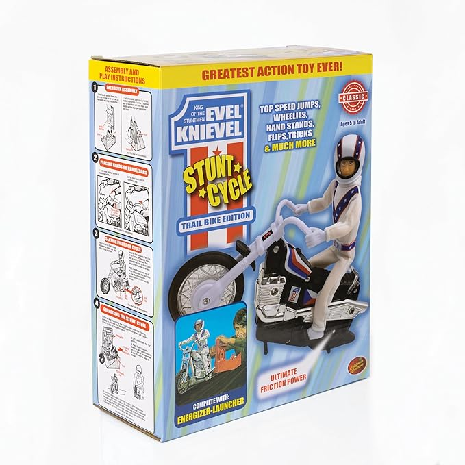 Evel Knievel Stunt Cycle - The Amazing Wind Up and Go Action Toy Launcher for Ultimate Jumps, Crashes, Flips and More - 8 Inch Bike Jumps Anywhere from 100 to 150 Feet - Original 1970's Stunt Bike.
