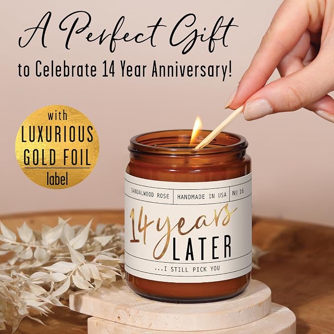 14 Year Anniversary Gift for Her - '14 Year Later' Candle, w/Sandalwood Rose - infused w/Essential Oils I 14th Anniversary Gifts for Wife I 14 Year Wedding Anniversary Gifts I 50Hr Burn I USA Made
