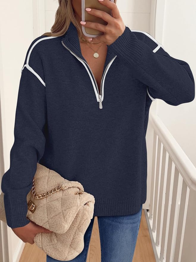 ANRABESS Womens Quarter Zip Sweaters Fall Long Sleeve V Neck Shirts Collared Business Casual Tops Knit Pullover Sweatshirts